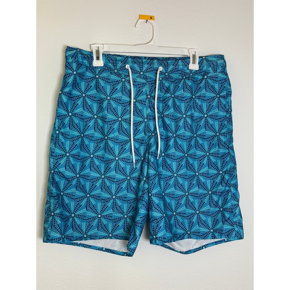 St Johns Bay Mens Blue Geometric Starburst Print Swim Trunks Mesh Lined Large